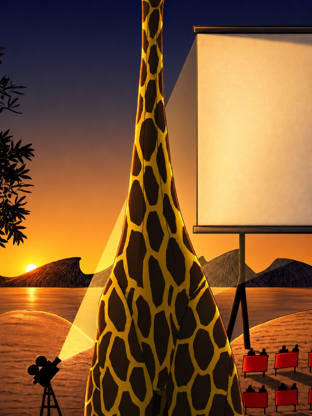 The Samotherium — the long-necked ancestor of the giraffe — standing before an open-air cinema screen on the shore at sunset, beside olive branches and rows of red chairs